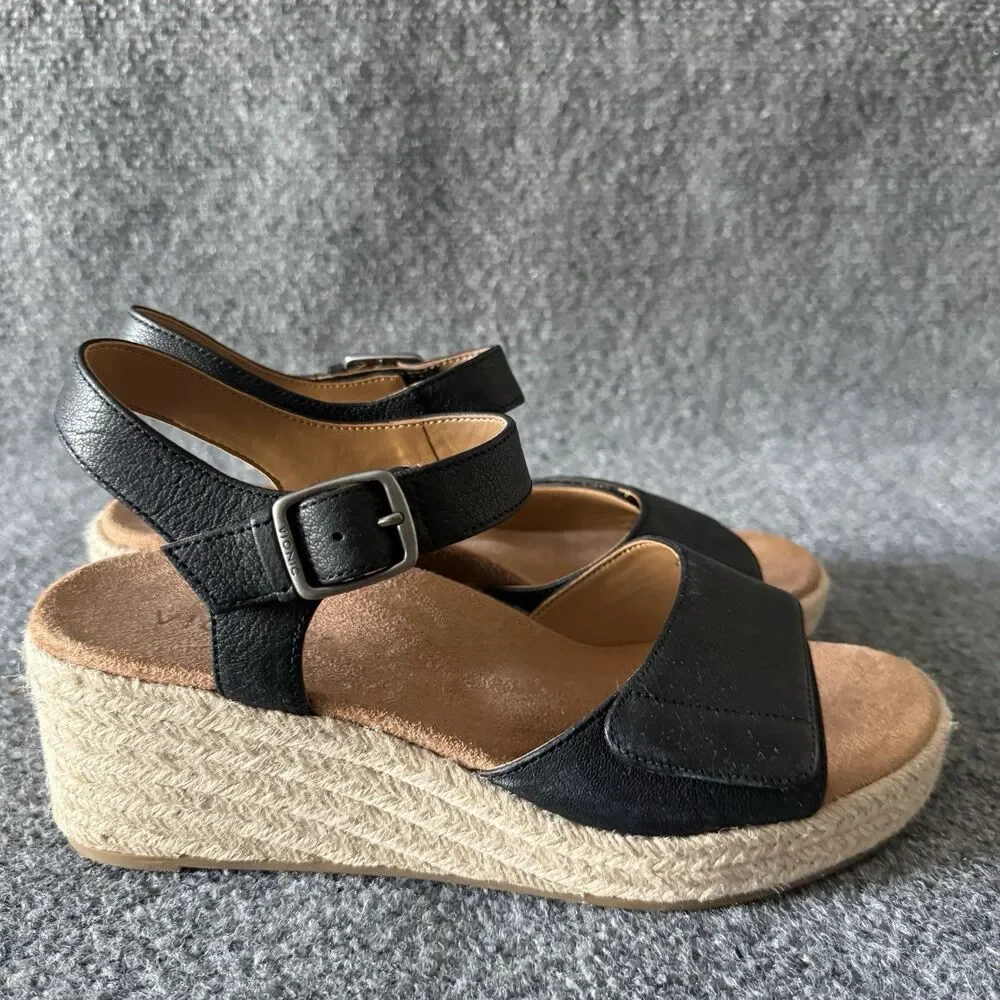 Vionic Sable Black Leather Espadrille Wedge Sandals Womens Size 9 Boho Comfort